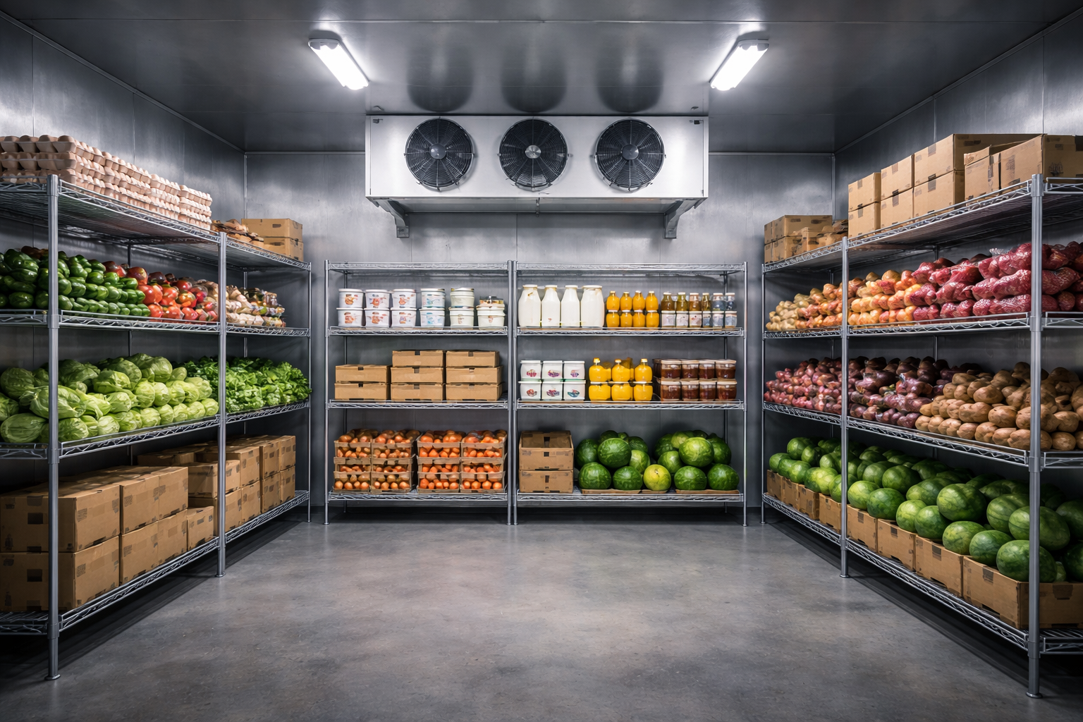 Supermarket refrigerated inventory section with organized product movement
